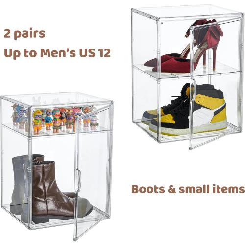 Attelite XXX-Large Clear Display Case Stackable Plastic Storage Bins with Lid, 2 Tiers Boot Shoe Box Organizers with an Adjustable Divider, Big Acrylic Display Storage Box with Magnetic Door