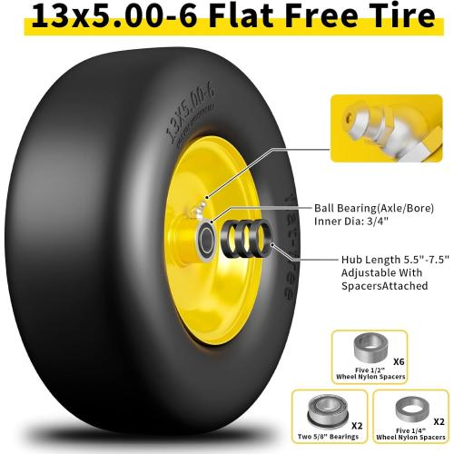 Size 13x5.00-6 Flat Free Lawn Mower Tire and Wheel, 13x5x6 Solid Front Tires for Zero Turn Mower, 500Lbs Load, 3/4 & 5/8 Bearing, 4.2-6.2 Hub for Residential Commercial Lawn, 2Pcs Yellow