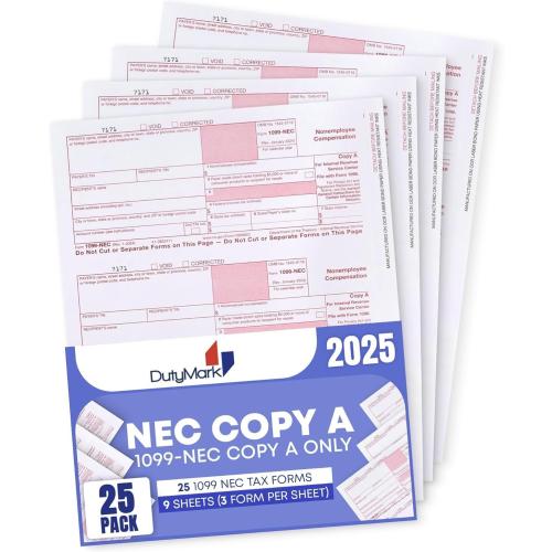 1099 NEC Copy A Forms, 25 Federal Income Laser Tax Forms, Use with 2025 1099 NEC Forms, RED Copy A ONLY, 25 forms-9 sheets 2025