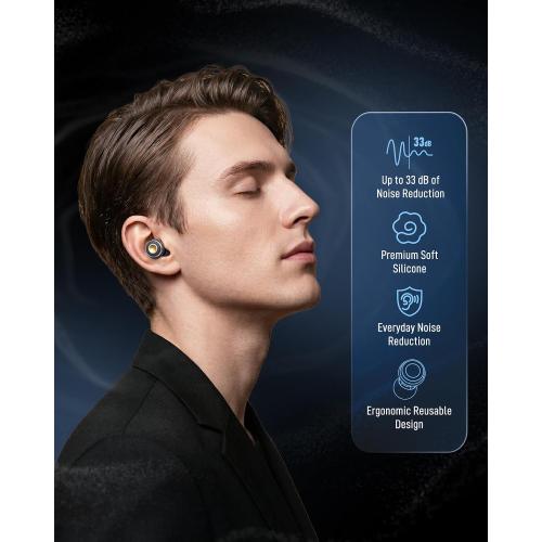 Reusable Ear Plugs for Sleeping, Travel & Work, Up to 33dB Noise Reducing Silicone Ear Plugs with 4 Sizes, Secure Fit, Portable Snap-Closure Case for Flights, Study, Commute Reading