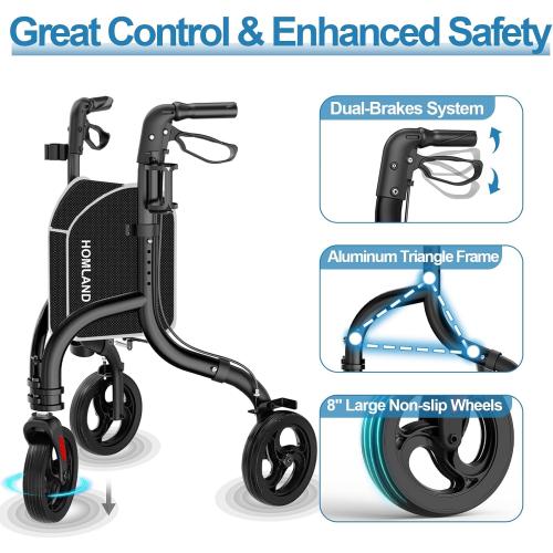 3 Wheel Walkers for Seniors, Foldable Wheeled Rollator with Cane Hold and Cup Hold, Lightweight Three Wheel Rolling Walker Height Adjustable for Seniors