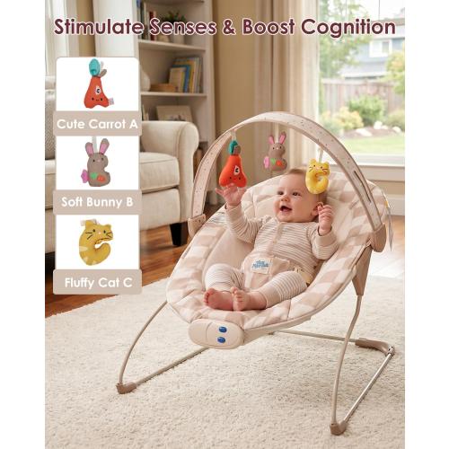 Tiny Marvels Baby Bouncer, Baby Bouncer Seat with Music for 0-6M, 20lbs | Soothing vibration, sensory toys, 3-point safety harness, machine washable seat, melodies 0–6 months, baby boy