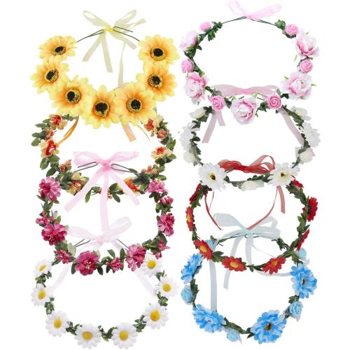 Lawie 8 Pack Boho Flower Crowns Floral Wreath With Ribbon Halo Headbands Garland Wedding Bridal Bridesmaid Headpiece Tiara Sunflower Daisy Rose Hairbands Hawaiian Party Accessories for Kids Women Girl
