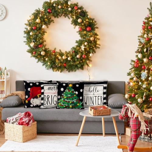DIYDEC 4PCS Christmas Pillow Covers 18x18 inch Hello Winter Merry Bright Throw Pillow Covers Xmas Tree Hat Black White Striped Dot Decorations Cushion Case for Couch Sofa Outdoor Indoor Home