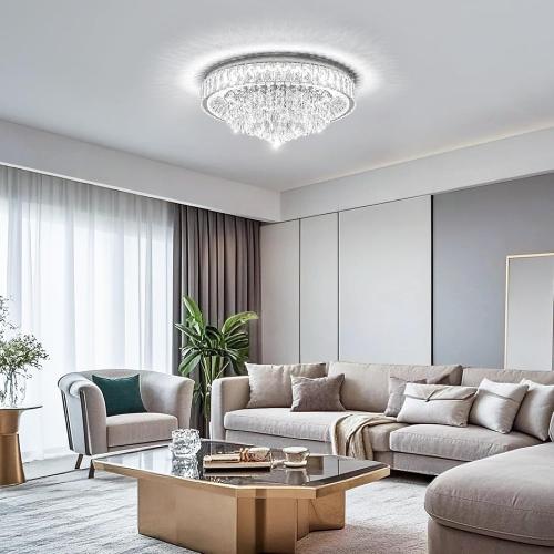 Modern Dimmable Led Crystal Chandelier: Flush Mount Crystals Ceiling Light with Remote - 24 Silver Ceiling Lighting Fixtures Round Crystal Chandeliers for Dining Room Bedroom Living Room Entryway