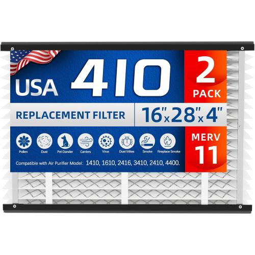 2 Pack, 16x25x4 410 Replacement Air Filter, Nominal Size: 16x25x4, Actual Size: 16.04x27.91x3.91 HVAC Furnace Filter, Compatible with AprilAire Models 1410, 1610, 2410, 2416, 3410, 4400, MERV 11