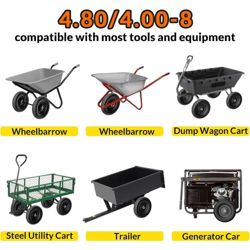 RONPOW 4.80/4.00-8 Flat Free Wheelbarrow Tire and Wheel, 16 Solid Puncture Proof Replacement Tires with 5/8 & 3/4 Bearings, 400Lbs Load, Universal Fit for Garden, Farm & Construction, 2Pack Black