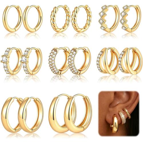 8 Pairs Gold Hoop Earrings Set for Women, 14K Gold Plated CZ Cartilage Earring for Multiple Piercing, Lightweight Hypoallergenic Small Hoop Stackable Jewelry Gift