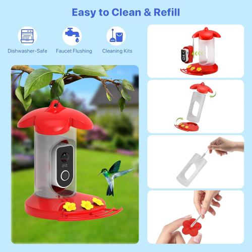 Hummingbird Feeder with Camera for Outdoor - 2K QHD Video, Instant Notifications & AI Bird Species, Ant Moat, Bee Proof, Motion Detection, 2.4G WiFi, Signal Booster, Gift for Bird Lovers (Red)