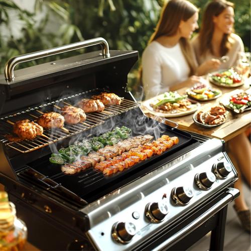 Black LotFun 25 x 16 Carbon Steel Cooking Griddle for Outdoor Gas Grill, Universal Griddle Flat Top Plate Insert with Grease Groove and Removable Handles for Electric/Charcoal/Gas Grill, Camping,Party