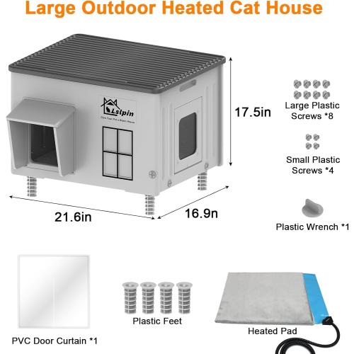 Large Heated Cat House for Outside Cats in Winter, Lslpin Weatherproof & Insulated Outdoor Feral Cat House with Escape Door,Outside Cats House Shelter with Heating Pad 21.6×16.9×17.5