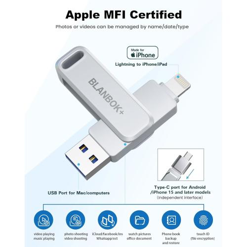 MFi Certified 128GB Photo Stick for iPhone Flash Drive,USB Memory Stick Thumb Drives High Speed USB Stick External Storage Compatible for iPhone/iPad/Android/PC