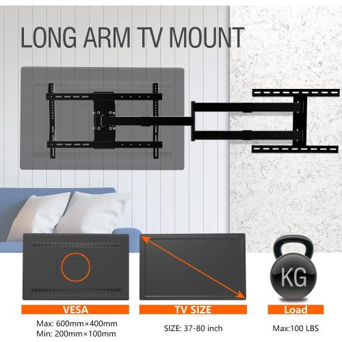 Ginkgo Long Arm Articulating TV Wall Mount for 37-75 Inch TVs, 47' Extra Long Full Motion Mount, Corner Swivel & Tilt Fits, Max VESA 600x400mm, 99 lbs. Loading, 16',18' Studs
