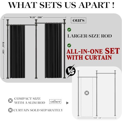 Room Divider Curtain Set-No Drilling Curtain Rod Set, Room Divider Wall for Partition Room Dividers, Bedroom Divider Black-100 W x 84 L(Pack of 2)