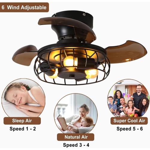 21.6'' Retractable Ceiling Fans with Lights Caged Farmhouse Ceiling Fan Lights with Remote Control and APP, Rustic Industrial Ceiling lamp Black Fixture for Living Room Bedroom Kitchen, A