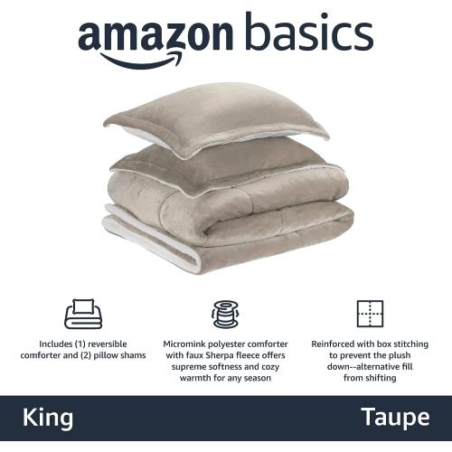 Amazon Basics Lightweight Microfiber Comforter Set 3 Pieces Duvet Cover Set With Zipper Closure, Queen, Taupe, Solid