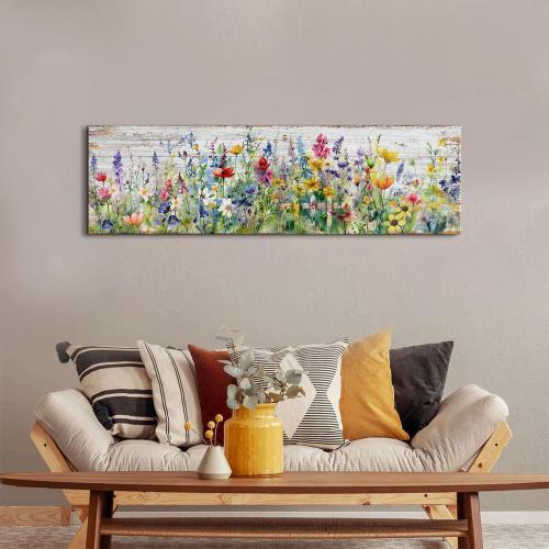 Rustic Wildflower Wall Art Colorful Farmhouse Floral Scenery Picture Decor Watercolor Flower Landscape Wood Grain Prints Painting Artwork for Living Room Office Bathroom Bedroom Home Decoration 14x48