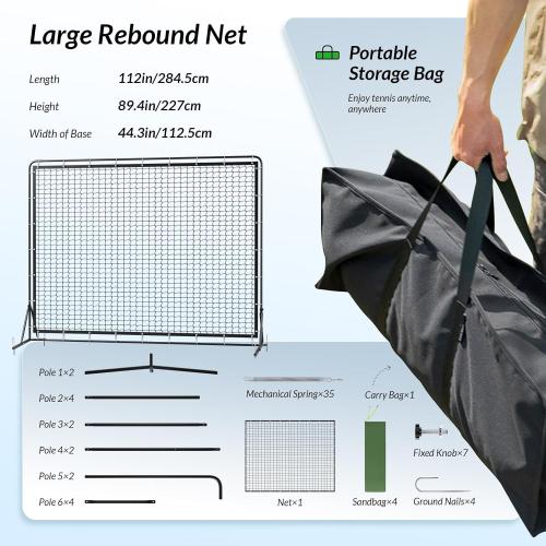 9.3*7.4ft Portable Tennis Rebounder Net, Tennis Practice Wall, Tennis Training Net for Tennis Racquet Sports Ball Pickleball, Tennis Backboard Net for Tennis Court Backyard Outdoor Training,