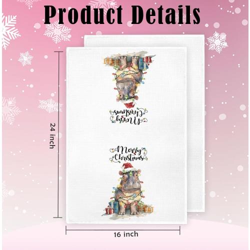 Christmas Hippo Kitchen Hand Towels,Christmas Decorations Tea Towels Dish Rags,Gifts for Women Hippo Lovers,Xmas Kitchen Bathroom Decor,16x24 Inch