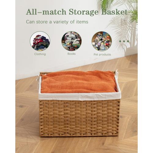 Storage Basket with Lid Rattan Woven Storage Baskets with 1 Separate Lids, 17.2 Gallon (65 L), 22 x 13 x 13.8 Inches,Foldable, 1 Removable Liner Bags Handles for Bedroom, Laundry Room Natural