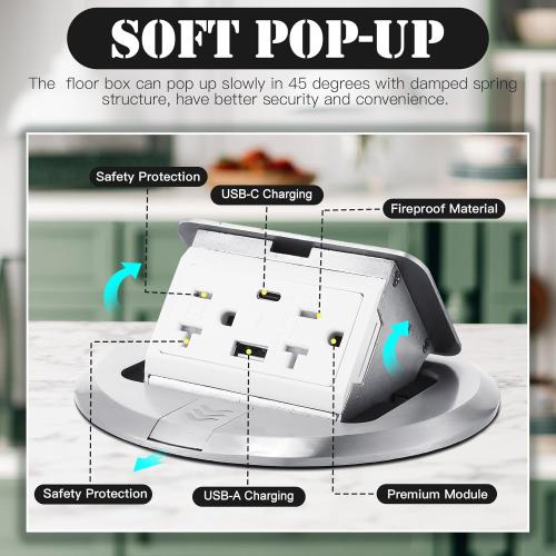 Hoolerry 1 Pack Round Pop up Floor Electrical Outlet Cover Kit with 4.8a USB Charger 20amp Waterproof Tamper Resistant Tr Receptacle Outlet Box for Countertop Home(Silver)