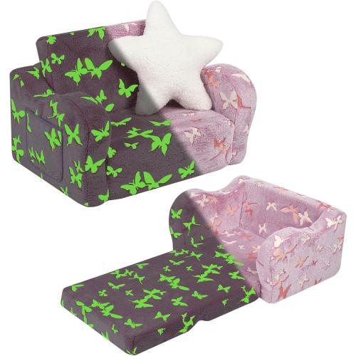 Toddler Couch, 2-in-1 Kids Soft Couch Fold Out with Star Pillow, Foldable Sofa to Lounger, Medium, Butterfly Glow in The Dark