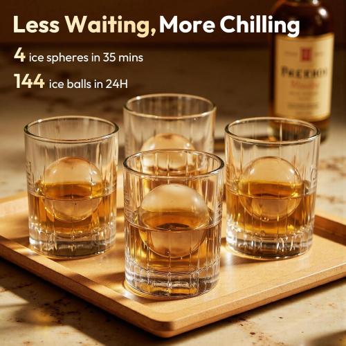 2'' Clear Ice Ball Maker – 4 Ice Spheres in 35min, 144 pcs/Day, Auto&Manual Fill, Fast Ice Machine with LCD Touch Panel, Self-Cleaning, Quiet Home & Bar Ice for Whiskey Bourbon Parties