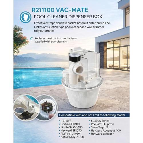 R211100 Vac-Mate Pool Cleaner Dispenser Box – Multi-Function Vacuum Skimmer Attachment – Includes Basket, Pressure Gauge & Easy Install Kit