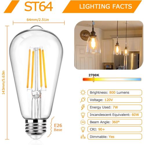 11 ST64 Large Vintage LED Edison Bulbs, 60W Equivalent 7W, 800Lumens, Dimmable Antique LED Filament, 2700K Warm White, E26 Medium Base Light Bulbs High Brightness Clear Glass for Bedroom Office