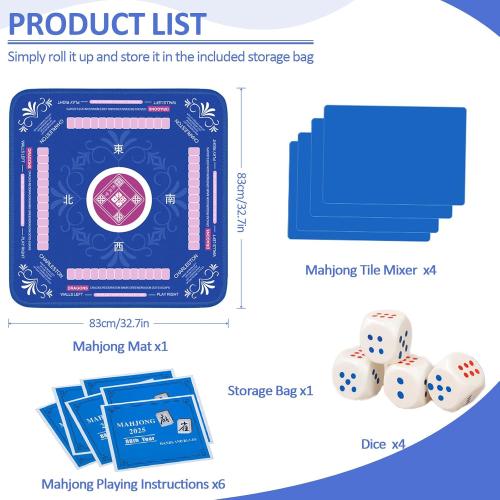 Mahjong Mat (33x33) with 6 Mahjong Playing Instructions,4Tile Mixer,4Dice & Carrying Bag,Non-Slip and Silent Travel Mahjong Set for Mahjong/Poker/Board Games/Card Games/Dominoes (Blue-1)