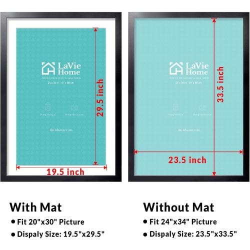LaVie Home 20x30 Picture Frame Black Poster Frame,Display Pictures  with Mat or 50x76  Without Mat, Stable and Sturdy Frame and Polished Plexiglass, Horizontal and Vertical Format of The Walls