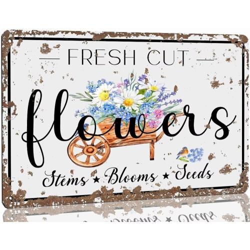Garden Flowers Market Tin Signs Vintage Fresh Flower Sign Stems Blooms Seeds Retro Farmhouse Porch Patio Decor 6x8 Inches
