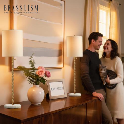 Buffet Lamps Set of 2, 28.5”H Modern Luxury Lamps with Marble Base, Brass Finish and Linen Shade, UL Certified – Elegant Lighting for a Warm Atmosphere in Entryway, Living or Dining Room
