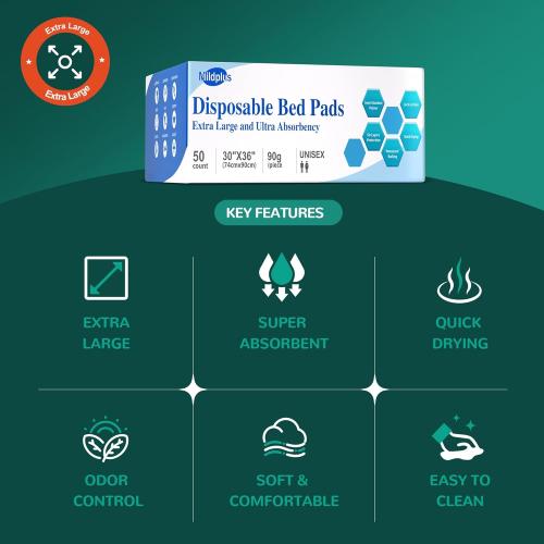 MILDPLUS 50 Count Disposable Bed Pads , 30x36 Inch Extra Large Incontinence Underpads | Heavy Absorbency 90 Grams Pee Pads for Adult, Senior, Baby & Pet Care (No Adhesive)