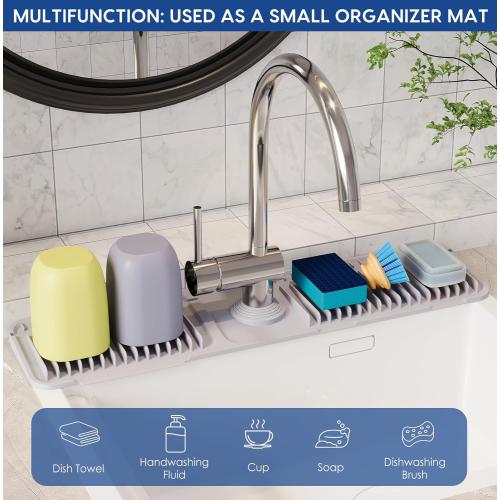 24 Inch Silicone Faucet Mat for Kitchen Sink Splash Guard - 7° Slope Upgraded Water Draining Mat with Fasten Button for Bathroom Area (Gray, 24''x5.5'')