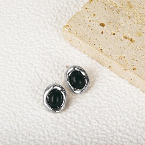 Gold Earrings for Women Oval Stud Trendy 14K Gold Plated Black Brown Stone Earrings Hypoallergenic