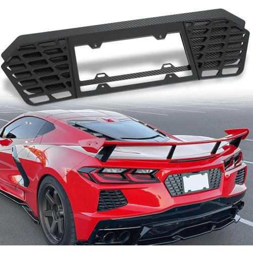Rear License Plate Frame fit for C8 Corvette Stingray Z51 2020 2021 2022 2023 2024 2025 Glossy Aluminum and Black Carbon Fiber License Plate Frames