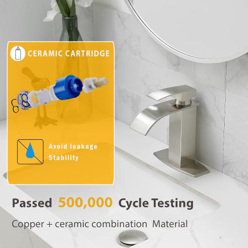 BESy Waterfall Bathroom Faucet, Single Handle Bathroom Vanity Sink Faucet, Rv Faucet Deck Plate, Stainless Steel Brushed Nickel, 1 or 3 Hole with Pop Up Drain