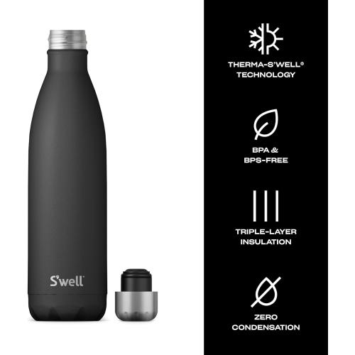 S'well Stainless Steel Water Bottle, 25oz, Onyx, Triple Layered Vacuum Insulated Containers Keeps Drinks Cold for 48 Hours and Hot for 24, BPA Free, Perfect for On the Go