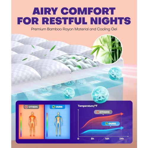 Dual Layer 4 Inch Memory Foam Mattress Topper for Pressure Relief with 4X Support, 2 Fluffy Pillow Top Queen Mattress Topper 50% Viscose Made from Bamboo Plus 2 Cooling Gel Memory Foam Mattress Pad