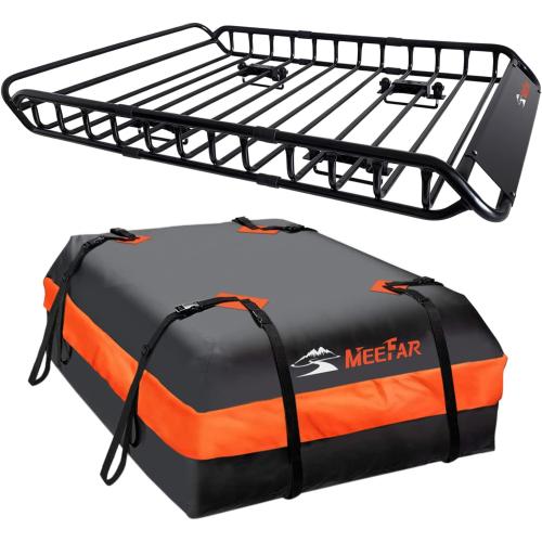 MeeFar Roof Rack Carrier Basket Universal Rooftop 51 X 36 X 5   Waterproof Bag 15 Cubic Feet (44 34 17), and Cargo Net with Attachment Hooks, Ratchet Straps
