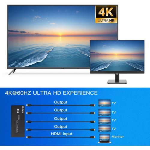 HDMI Splitter 1 in 4 Out 4K@60Hz, HDCP Bypass Support, Lossless Signal Distribution with EDID Mode, Plug and Play Multi Display Splitter for Home Office Commercial Use
