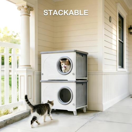 Weatherproof Cat Houses for Outdoor Cats with Escape Door,Door Flap,Grey | Made of Heavy-duty HDPE Plastic, Elevated Stackable, Insulated Feral Cat Shelter, All-season Use, Ideal for Yard, Porch Barn