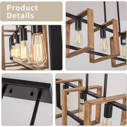 Dining Room Light Fixture Farmhouse Pendant Lights Kitchen Island Rustic Kitchen Light Fixtures 4 Lights Wood and Black Metal Rectangular Chandelier Ceiling Hanging Lighting 35.4