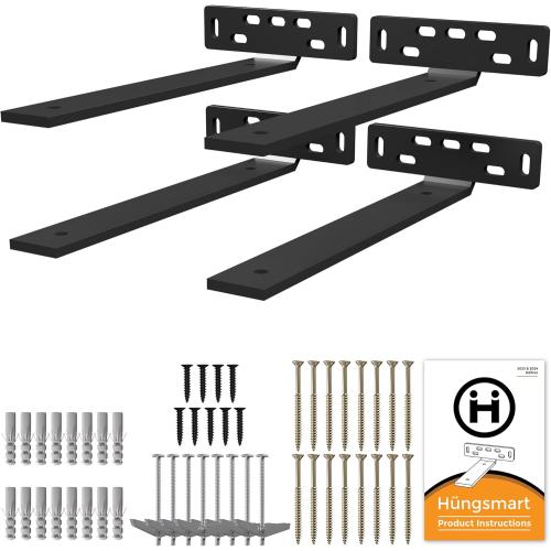 Hüngsmart 4 x L Shelf Brackets (10.5 D x 5 W x 1 1/4 H) Heavy Duty Shelving Hardware, Suited for Rustic, Industrial, Farmhouse Decor, Floating Shelves Support , All Mouting Hardware Included-Black