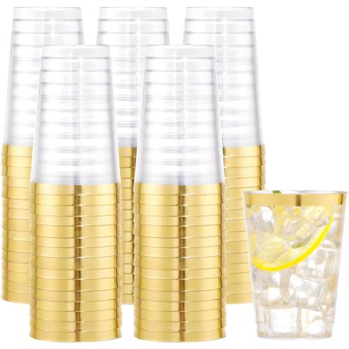 I00000 100PCS Gold Plastic Cups,10 oz Clear Plastic Cups with Gold Trim, Beer Mugs，Disposable Hard Cup For Party, Premium Cup Perfect for Wedding & Party