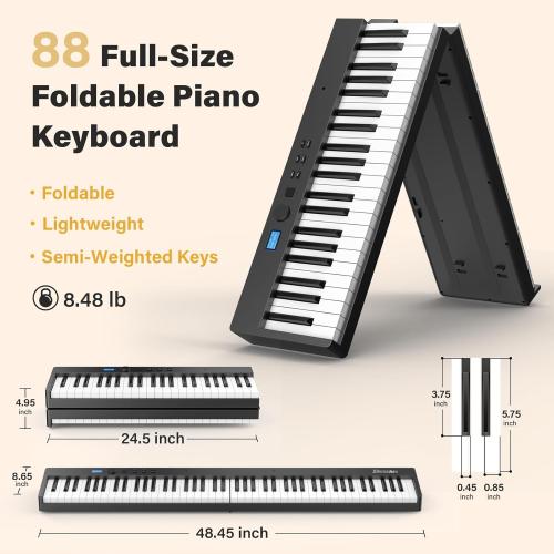 BESFAN 88 Key Folding Piano Keyboard, Portable Semi-Weighted Digital Piano with MIDI Support, Built-in Speakers, Rechargeable Battery, Travel Piano for Beginners