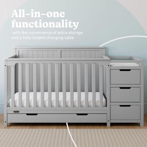 Graco Hadley 5-in-1 Convertible Crib & Changer (Pebble Gray) – GREENGUARD Gold Certified, Fits Standard Crib Mattress, Converts to Toddler Bed and Full Bed, 4 Adjustable Mattress Heights