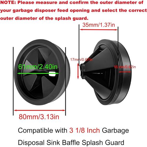 3 1/8 Inch Garbage Disposal Sink Baffle Splash Guard, Quiet Collar, Black Rubber, Perfect Fit for Insinkerator, Moen, Waste King, GE Disposer