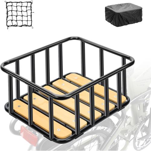 Bike Rear Basket with Waterproof Cover, Cargo Net, Wooden Base, 13.8X11.8X6.7 Heavy Duty Metal Ebike Rear Basket